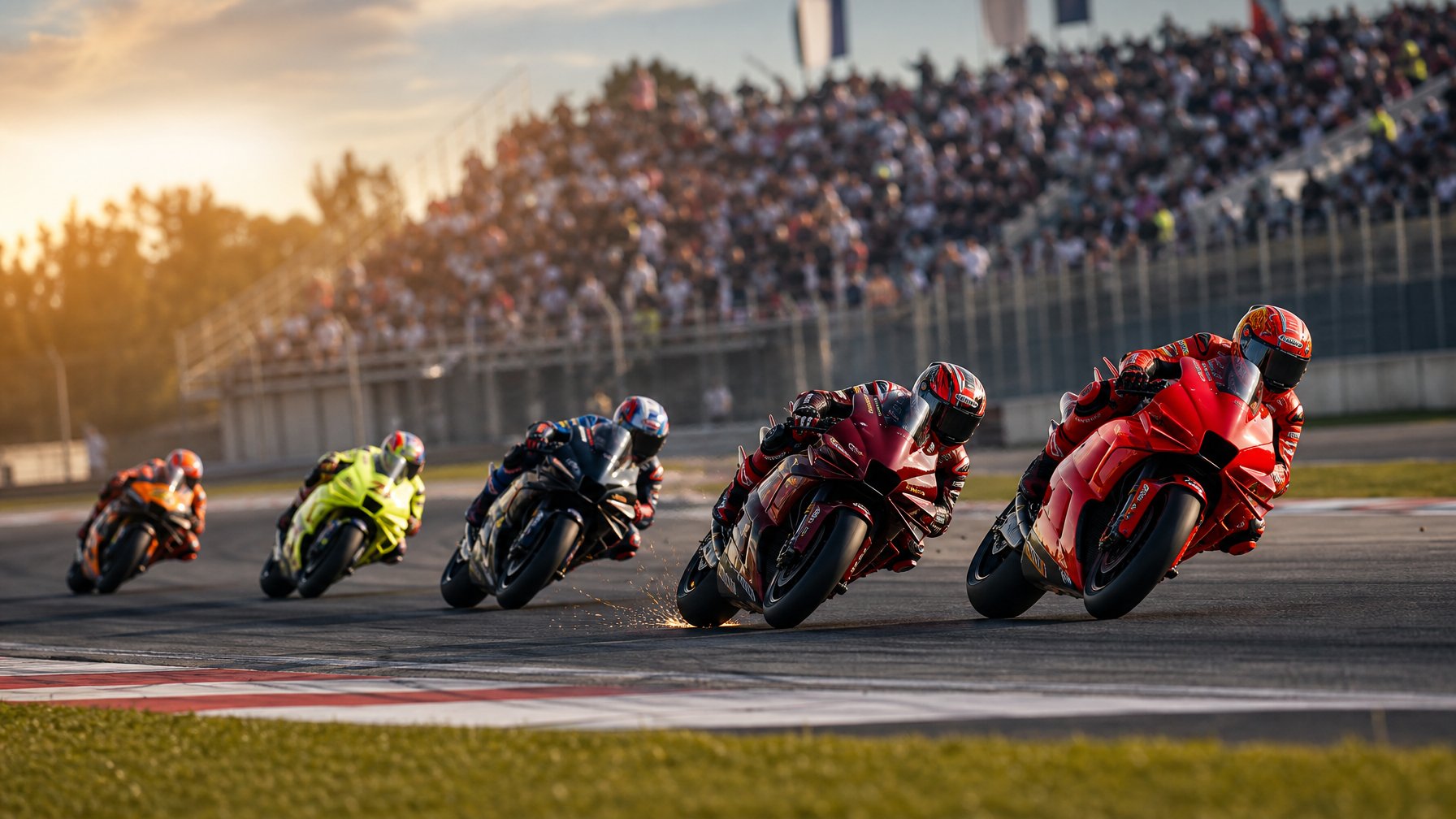 Beberapa pembalap MotoGP melaju berdekatan di tikungan sirkuit, dengan dua motor merah memimpin perlombaan.