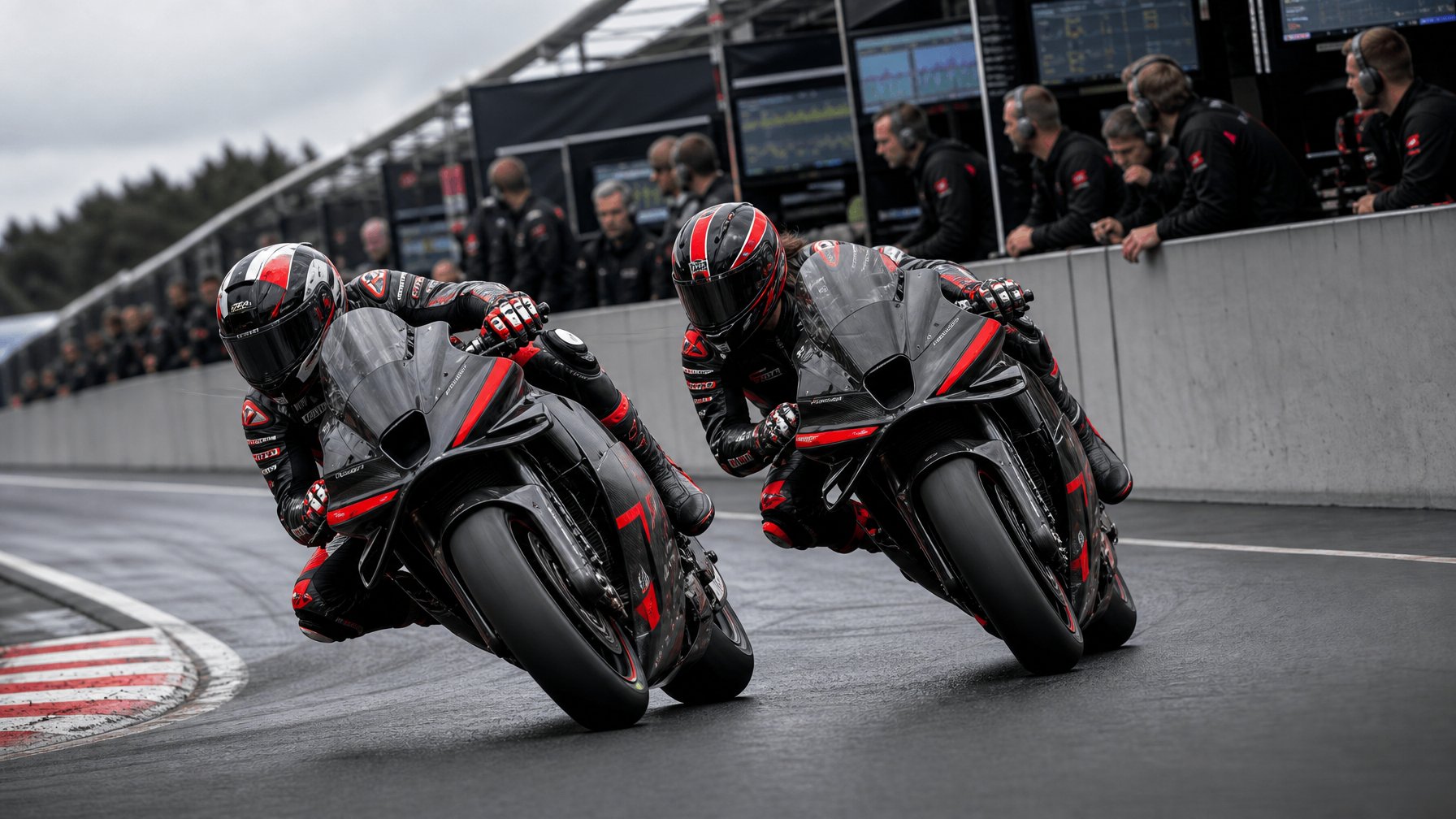 Dua pembalap motor balap melaju berdampingan di tikungan sirkuit, sementara tim strategi memantau balapan dari pit wall.
