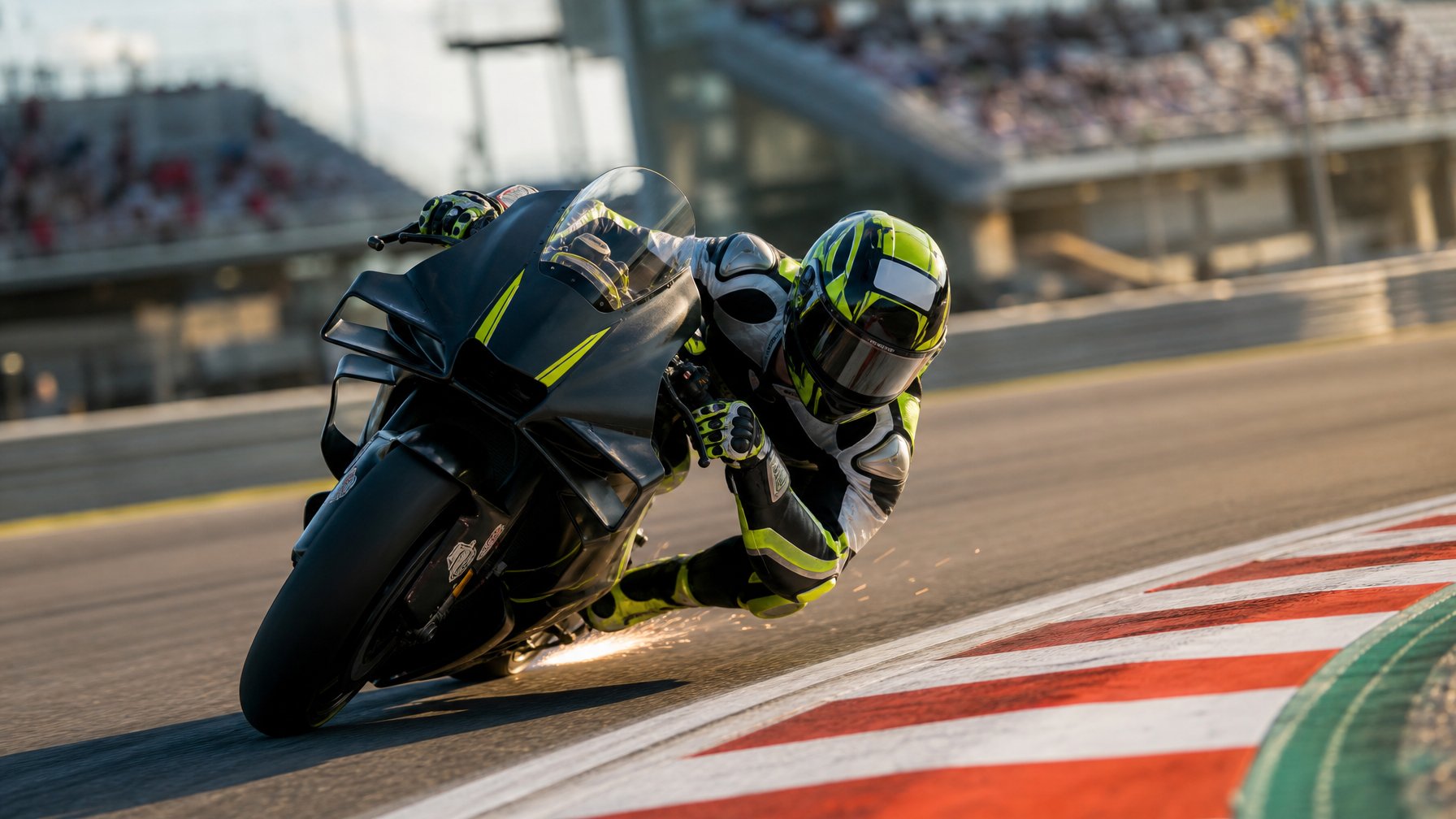 Pembalap MotoGP melaju cepat di tikungan sirkuit dengan sepeda motor miring tajam.