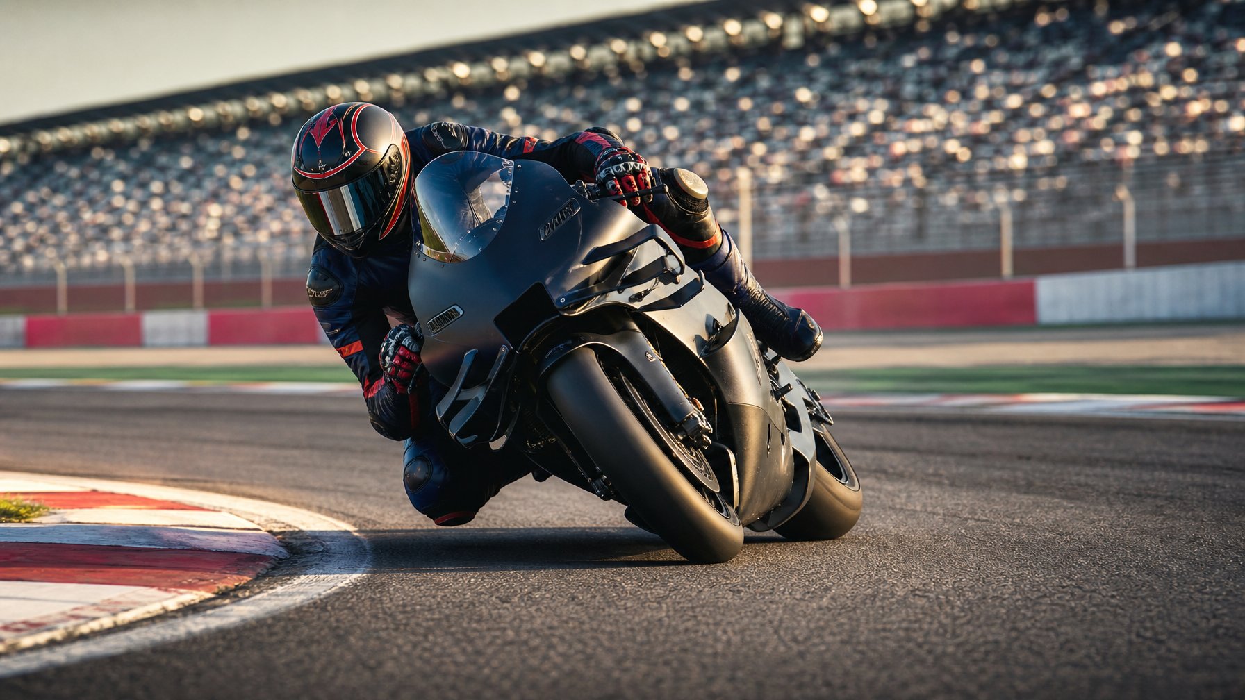 Pembalap MotoGP menikung tajam dengan motor balapnya di lintasan sirkuit.