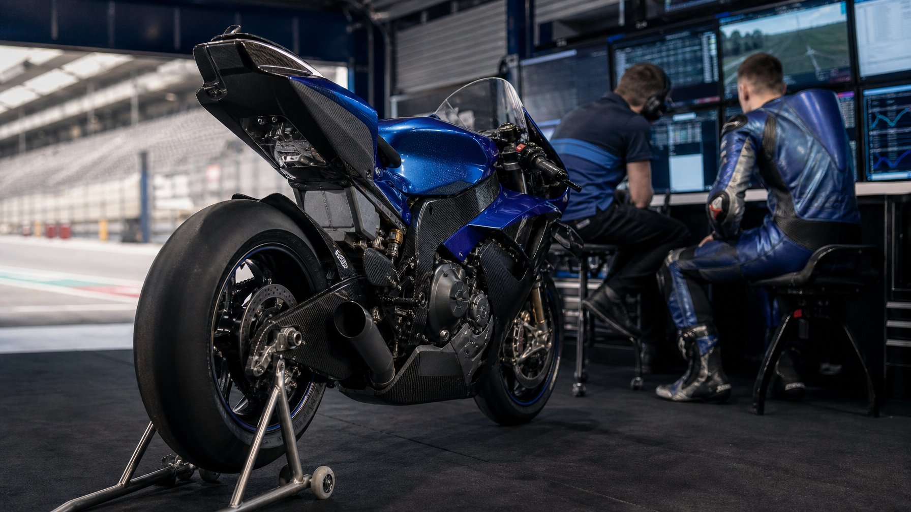 Motor balap Yamaha bergaya MotoGP sedang dianalisis oleh teknisi dan pembalap di garasi sirkuit.