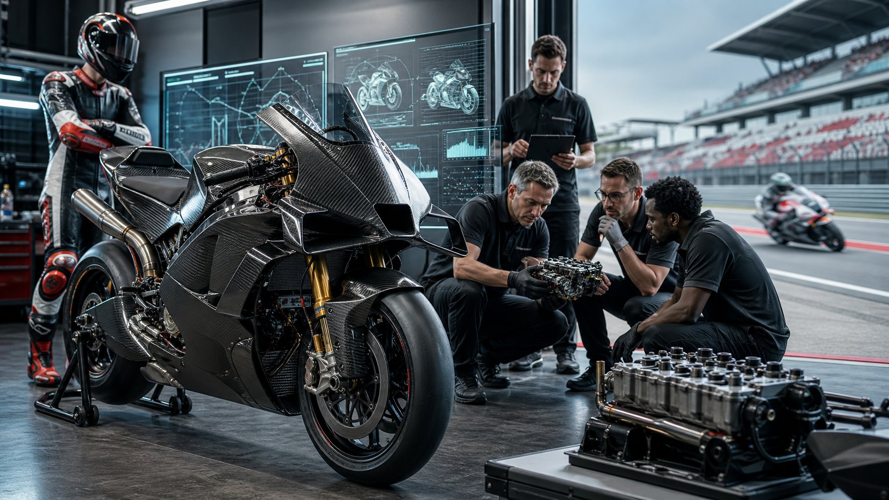 Tim insinyur memeriksa sepeda motor MotoGP di garasi pit dengan sirkuit balap terlihat di latar belakang.