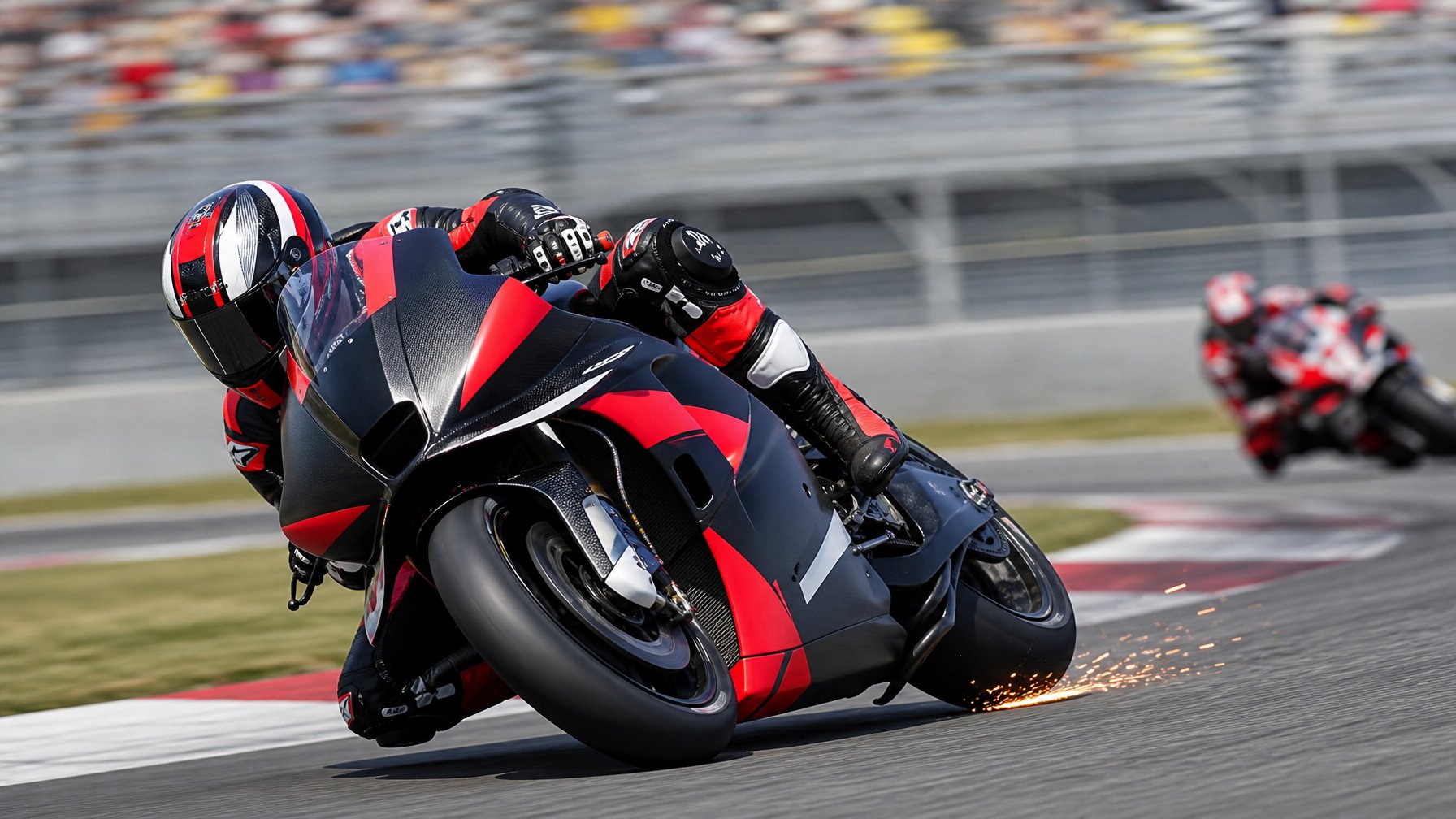 Raúl Fernández membalap dengan motor Trackhouse di tikungan sirkuit MotoGP.