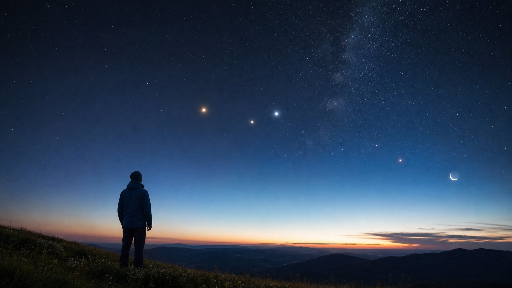 Seseorang mengamati langit dini hari dengan enam planet yang tampak berjajar di atas pegunungan.