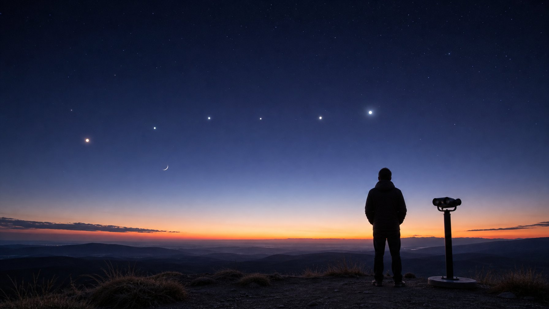 Seseorang mengamati enam planet yang tampak berjajar di langit menjelang fajar dari sebuah perbukitan.