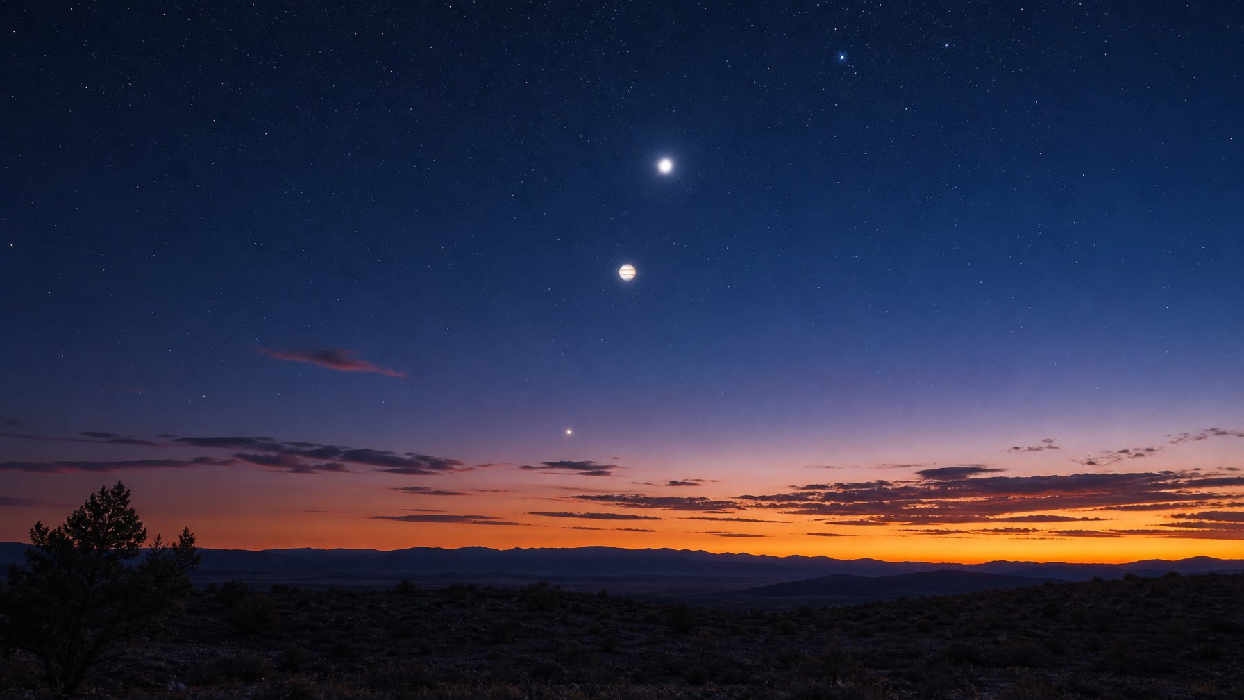 Venus, Jupiter, dan Merkurius tampak berkumpul di langit senja di atas siluet perbukitan.