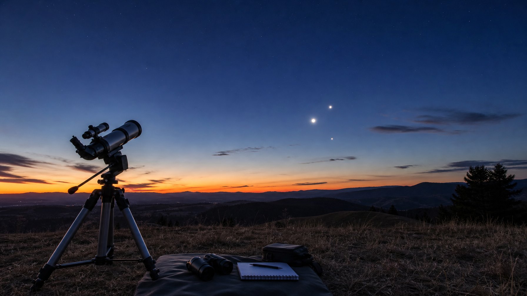 Langit senja menampilkan Venus, Jupiter, dan Merkurius berdekatan di atas cakrawala barat dengan teleskop pengamatan di latar depan.