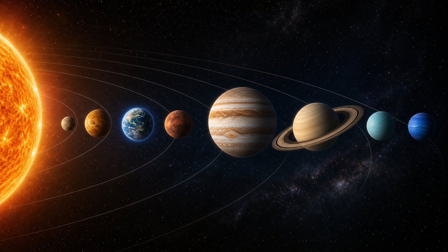 Matahari dan delapan planet Tata Surya tersusun berurutan dari Merkurius hingga Neptunus di latar ruang angkasa.