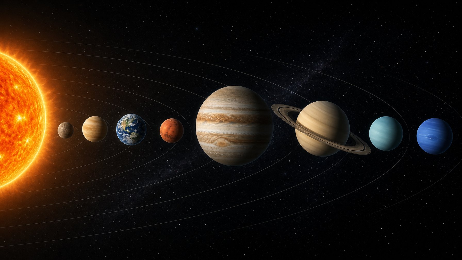 Delapan planet Tata Surya tersusun berurutan dari Matahari hingga Neptunus di ruang angkasa.