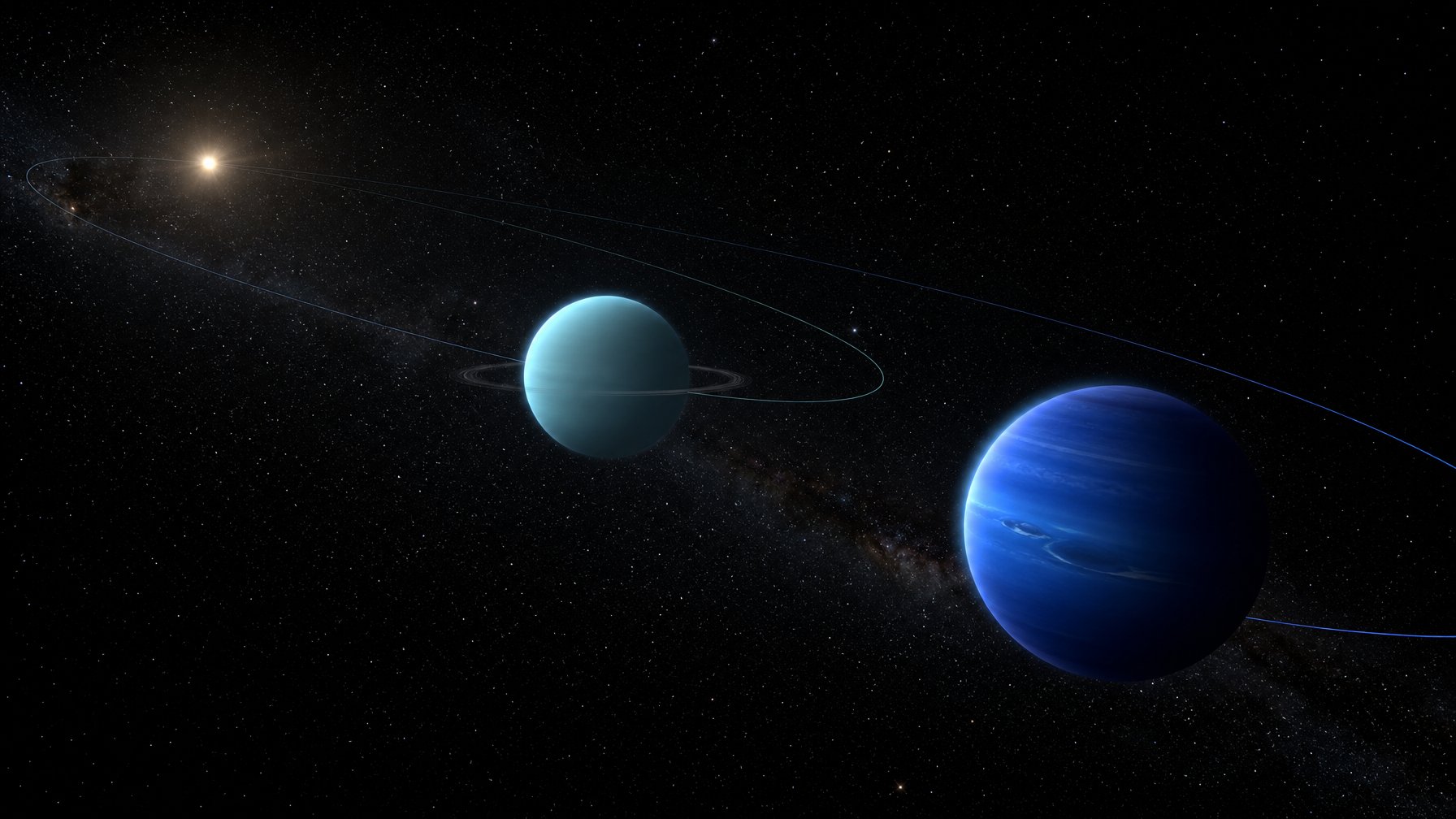 Uranus dan Neptunus tampak terpisah pada jalur orbit berbeda yang jauh mengelilingi Matahari.