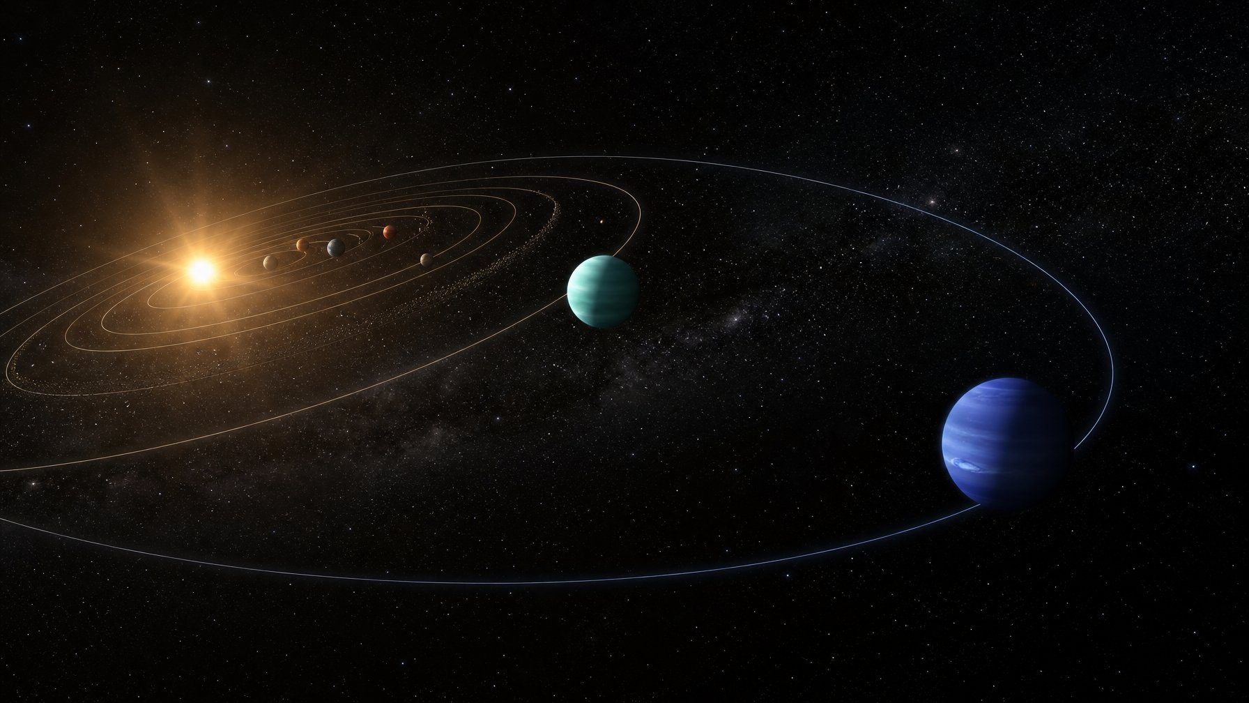 Ilustrasi Matahari dengan Uranus dan Neptunus pada jalur orbit yang berjauhan di bagian terluar tata surya.