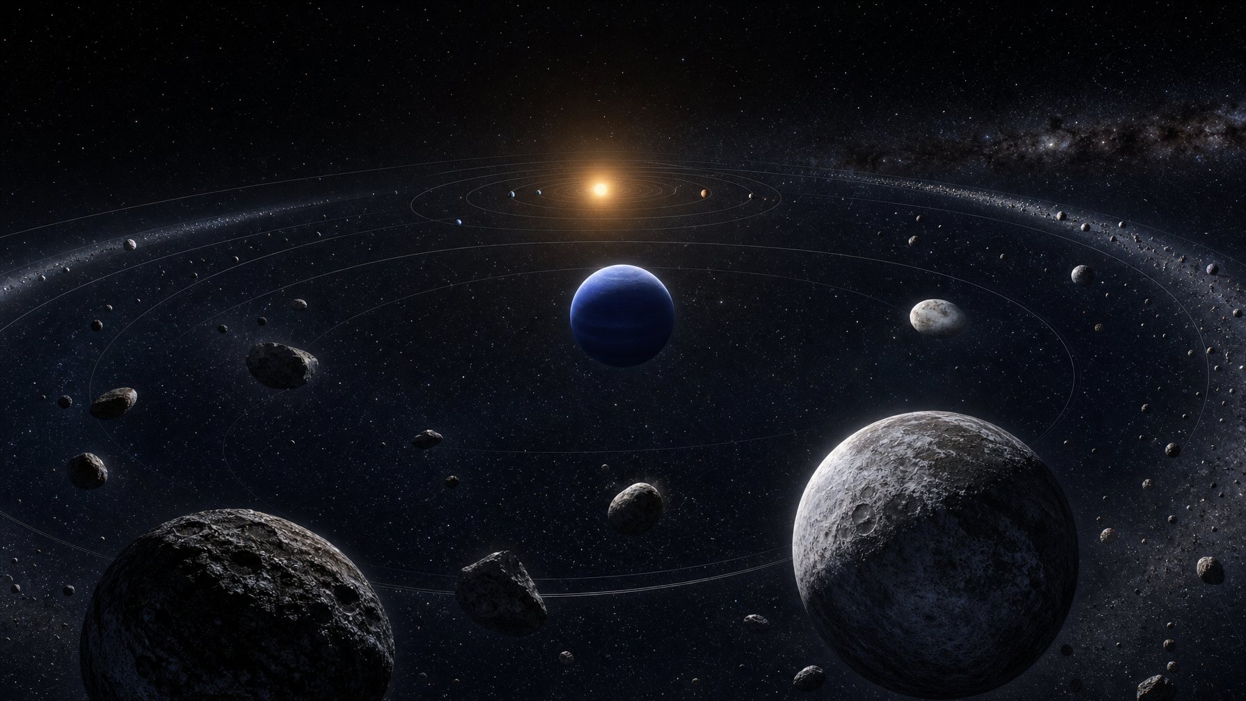 Visualisasi Sabuk Kuiper dengan Neptunus dan berbagai benda langit kecil yang mengelilingi Tata Surya bagian luar.