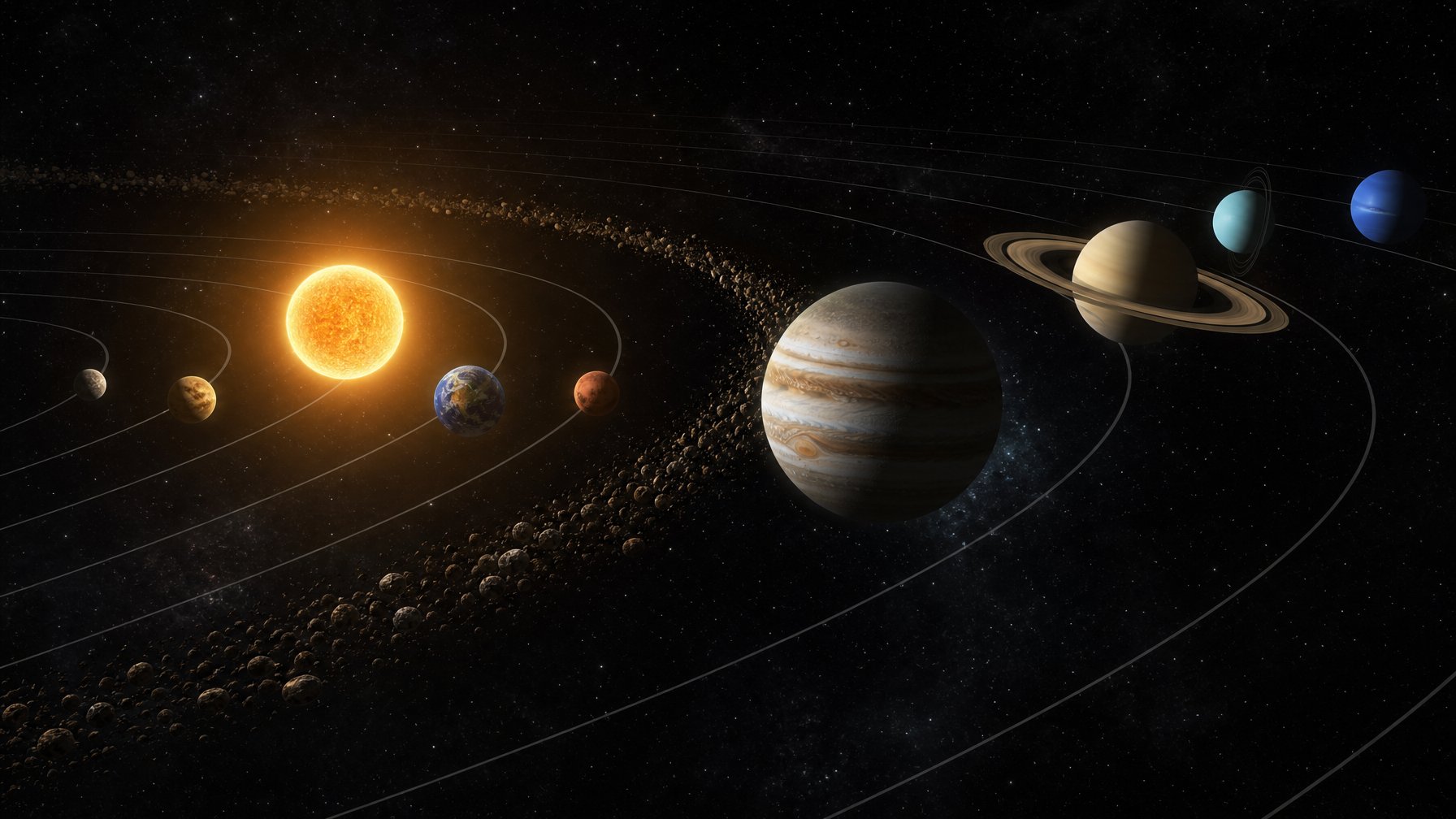 Ilustrasi Tata Surya yang memperlihatkan planet dalam berukuran kecil dan berbatu serta planet luar yang besar dengan atmosfer tebal.