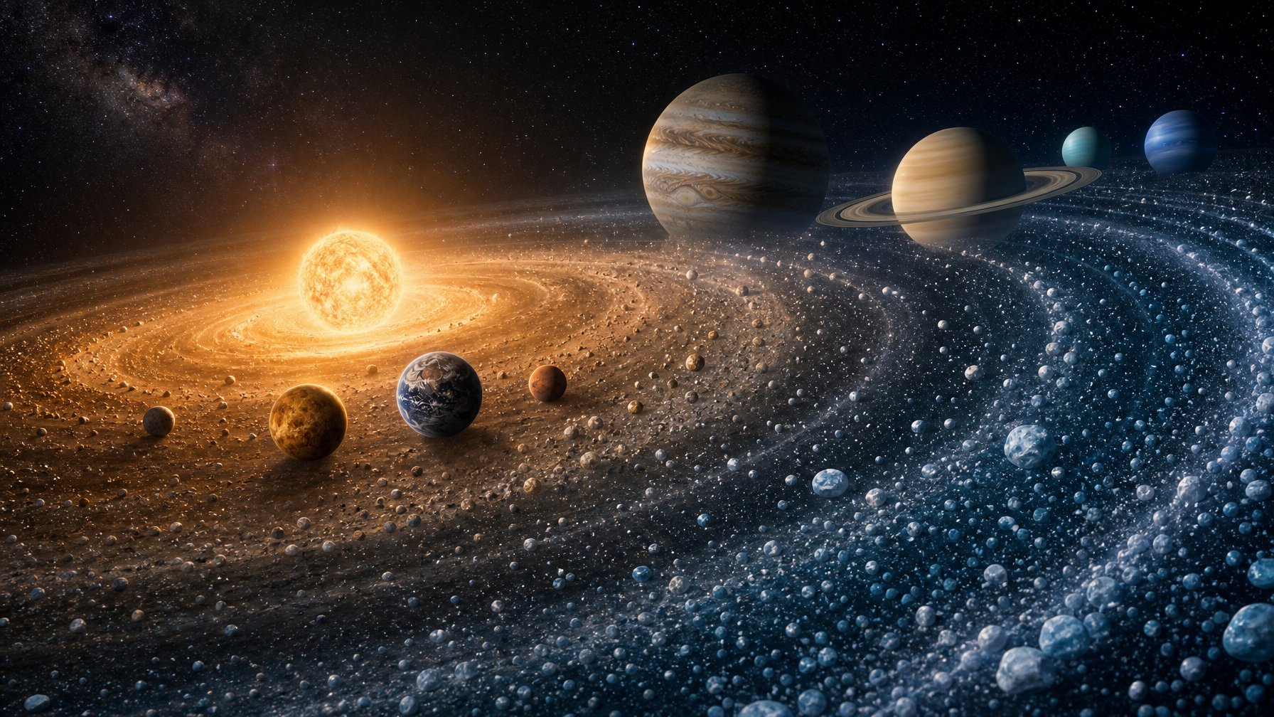 Ilustrasi tata surya yang menampilkan planet berbatu di dekat Matahari dan planet raksasa berlapis gas serta es di wilayah yang lebih jauh.
