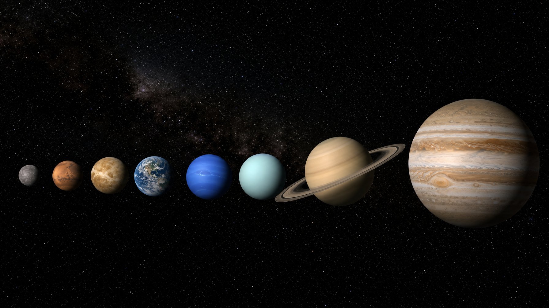 Delapan planet Tata Surya ditampilkan berurutan berdasarkan ukuran, dari Merkurius yang kecil hingga Jupiter yang terbesar.