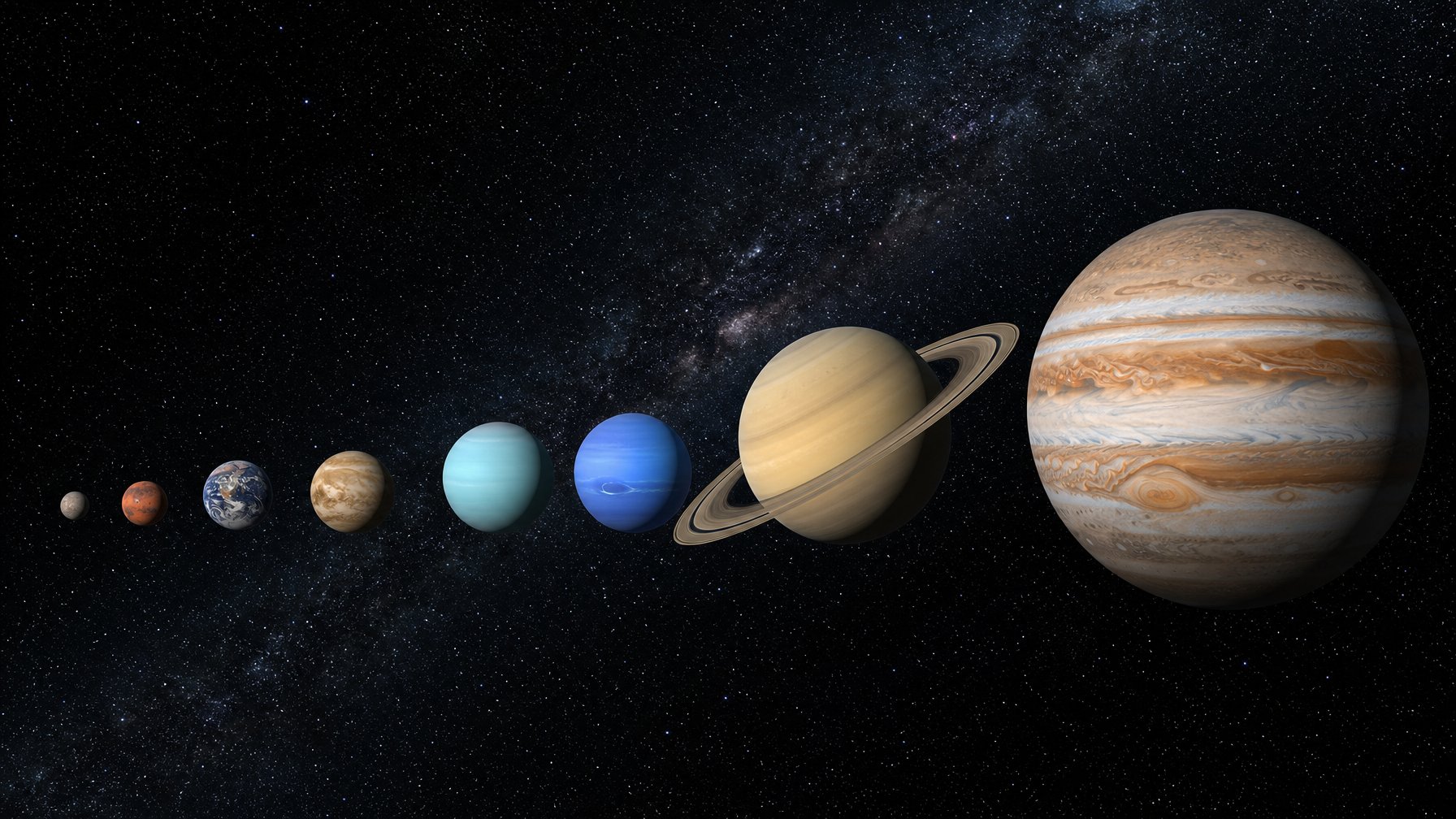 Perbandingan ukuran planet-planet Tata Surya dari Merkurius yang kecil hingga Jupiter yang terbesar.