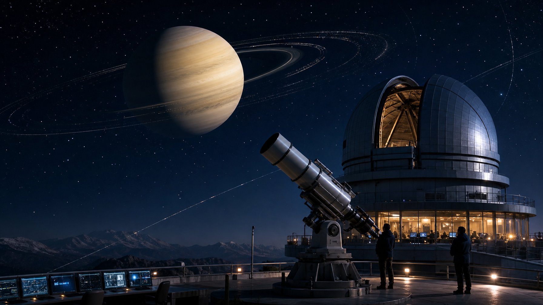 Planet Saturn dengan cincin yang tampak menipis, diamati dari observatorium astronomi di Bumi.