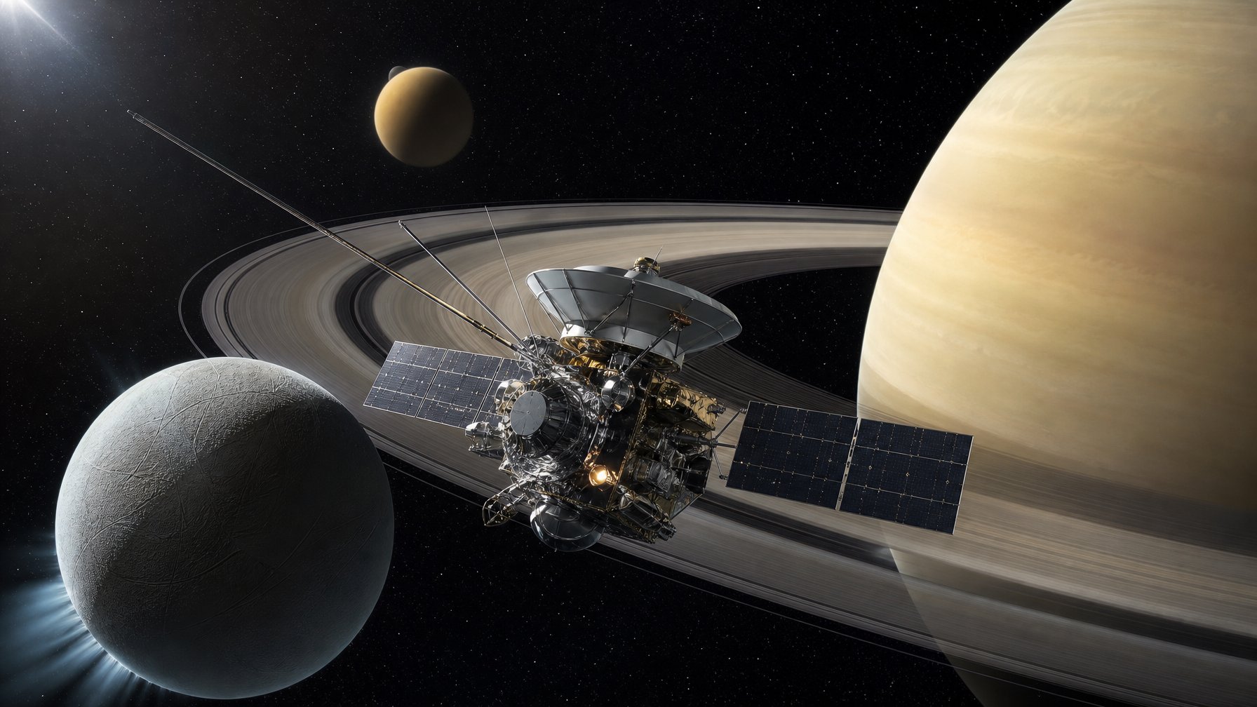 Pesawat antariksa mengorbit Saturnus dengan bulan-bulan es di latar belakang.