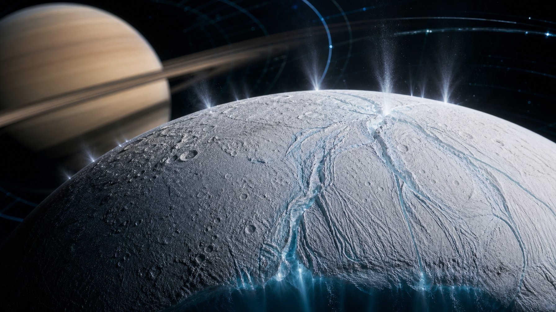 Enceladus dengan retakan es di kutub selatan dan semburan uap, berlatar belakang Saturnus beserta cincinnya.