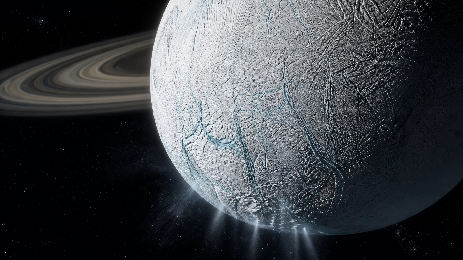 Bulan Enceladus dengan retakan es di kutub selatan dan semburan uap air, dengan cincin Saturnus di latar belakang.