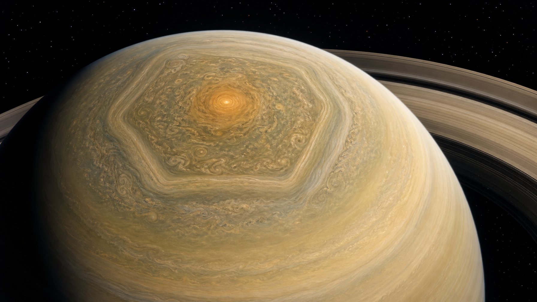 Badai berbentuk segi enam berputar di kutub utara Saturnus, dengan atmosfer bergaris dan cincin planet terlihat di latar belakang.