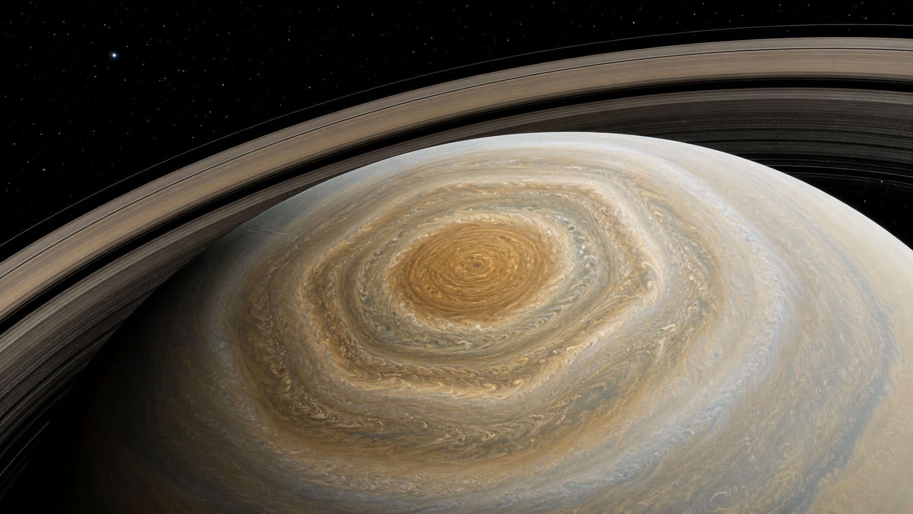 Saturn dilihat dari atas dengan badai raksasa berbentuk segi enam yang berputar di sekitar kutub utaranya.