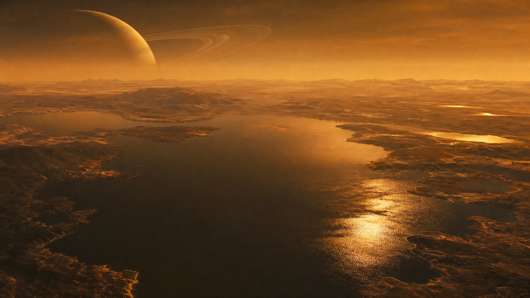 Permukaan Titan dengan danau metana cair yang dikelilingi medan berbatu, atmosfer jingga berkabut, dan Saturnus bercincin di latar belakang.