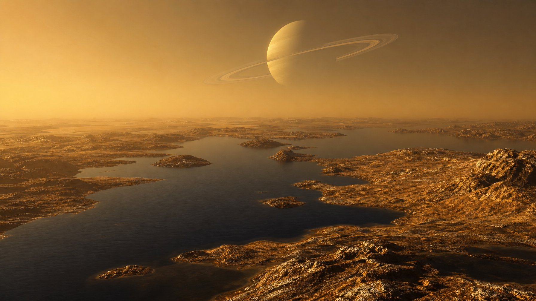 Pemandangan Titan dengan danau hidrokarbon gelap di antara lanskap es, sementara Saturnus dan cincinnya tampak di langit berkabut.