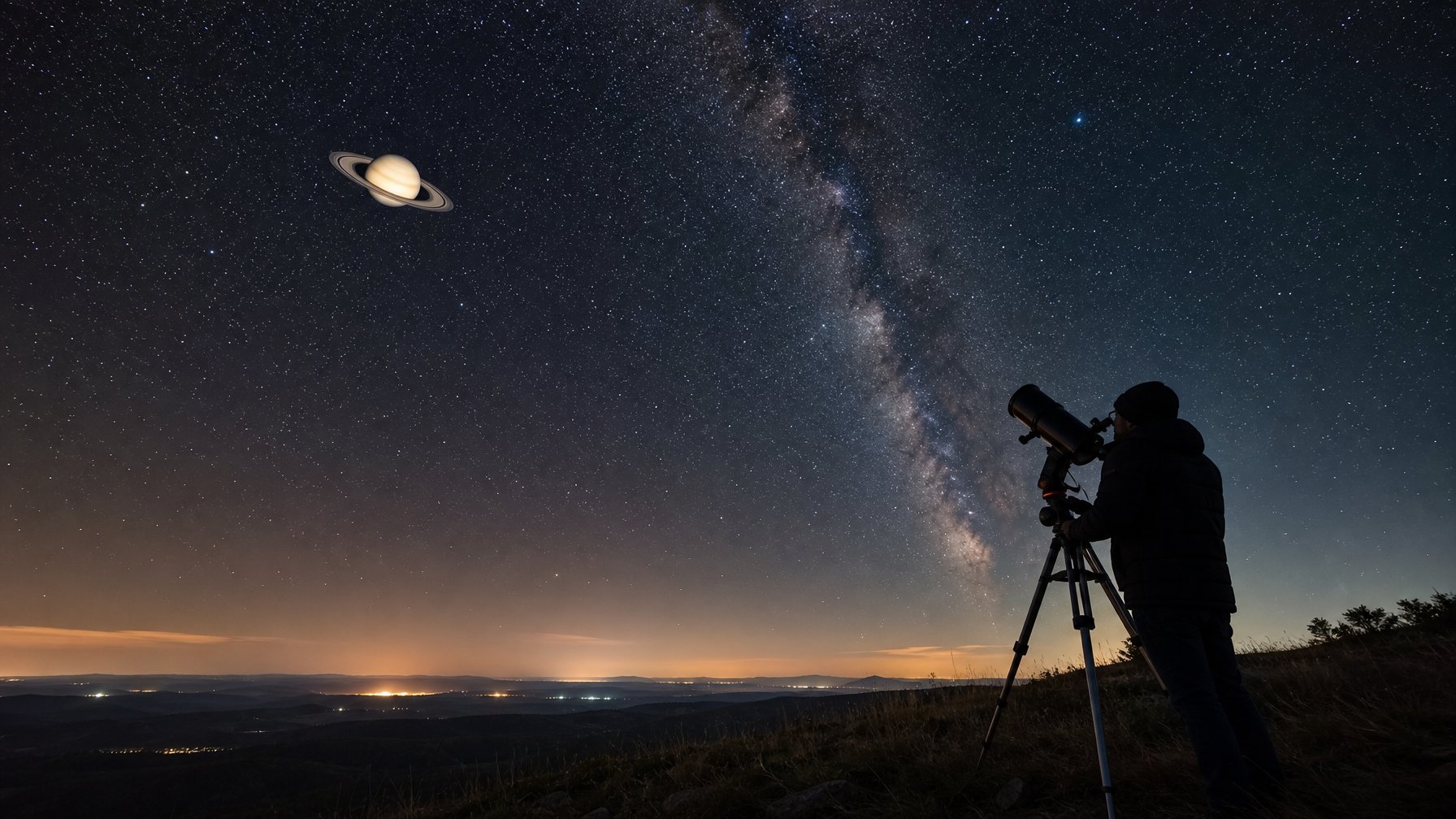 Seseorang mengamati Saturnus yang bercincin di langit malam melalui teleskop.