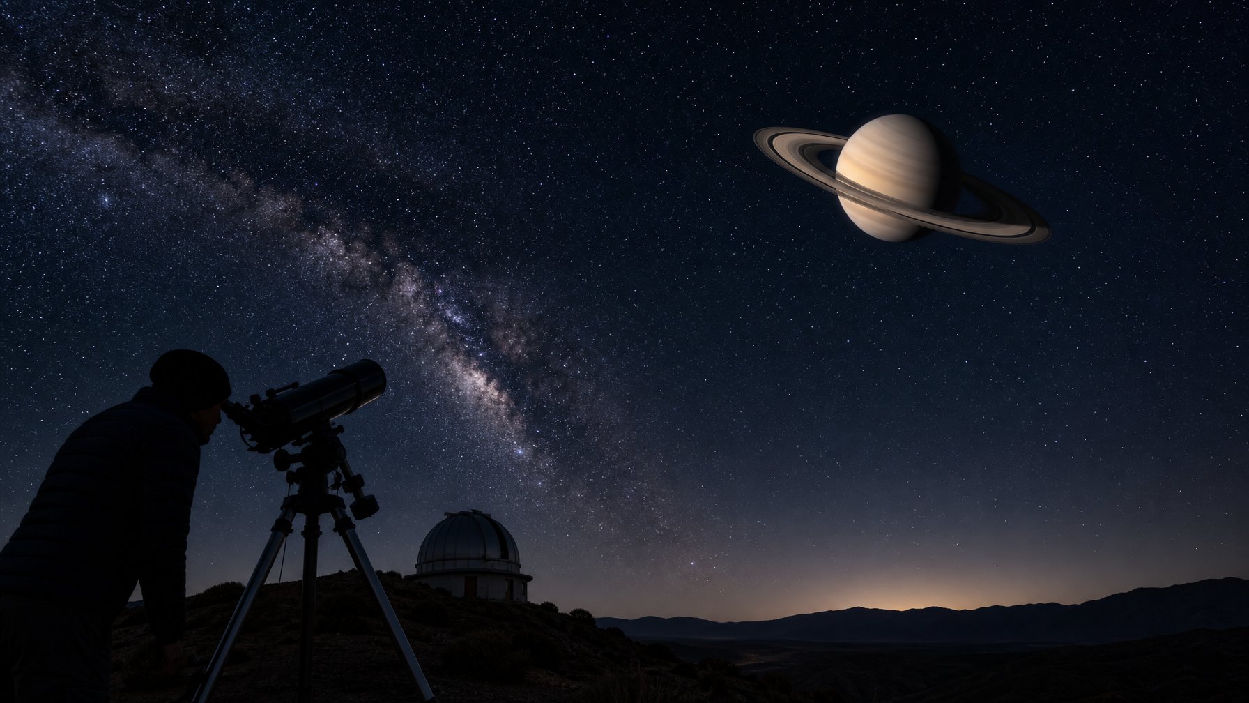 Saturn yang bercincin terlihat terang di langit malam di atas seorang pengamat dan teleskop.