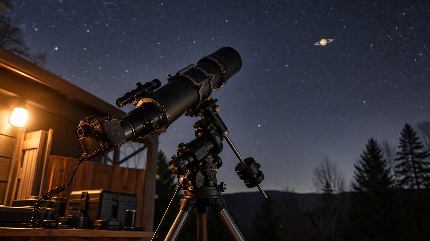 Teleskop dengan kamera DSLR diarahkan ke langit malam untuk memotret Saturnus dan cincinnya.
