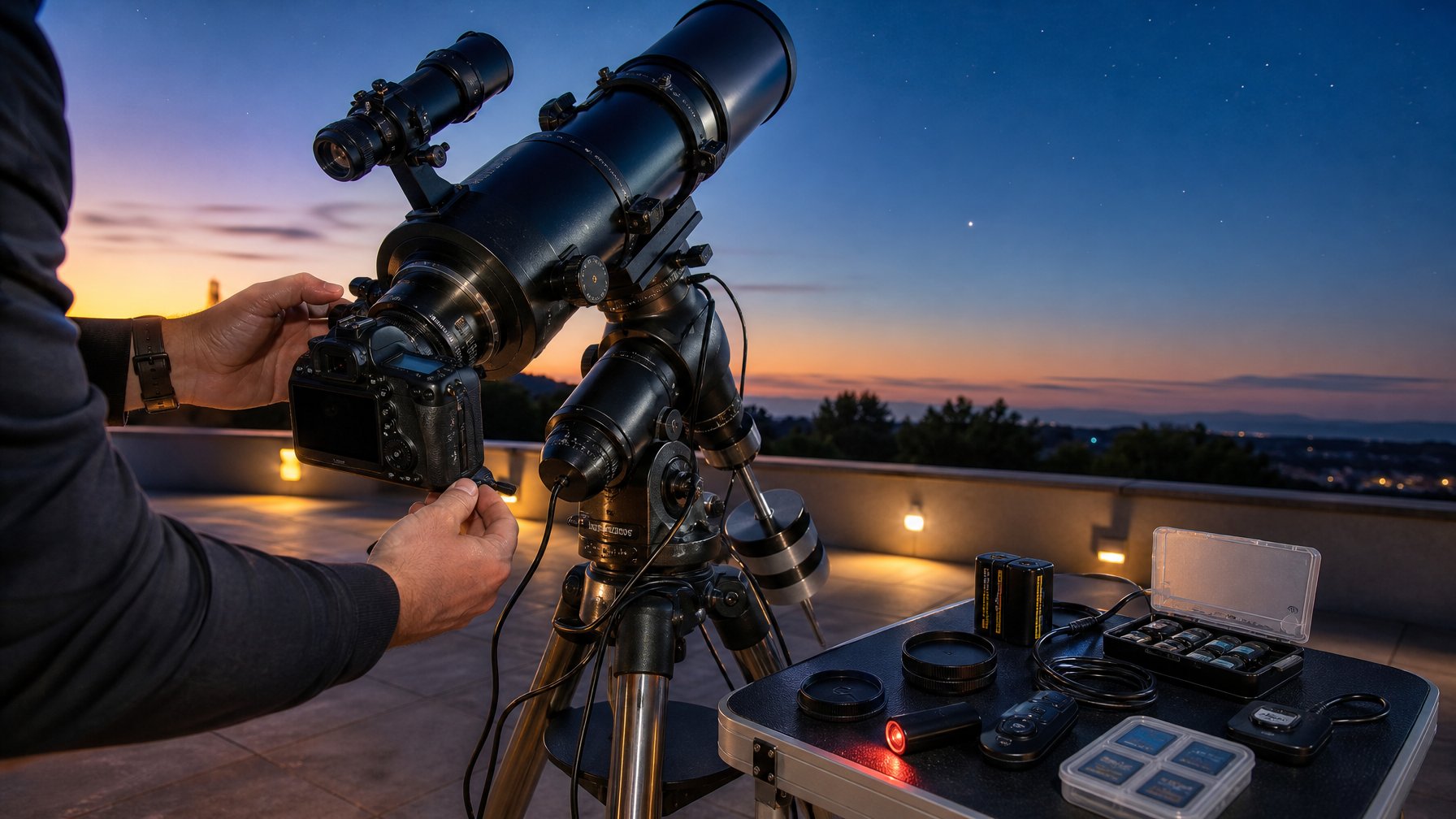 Kamera DSLR terpasang pada teleskop di atas tripod, dengan perlengkapan fotografi astronomi yang tertata di meja saat senja.