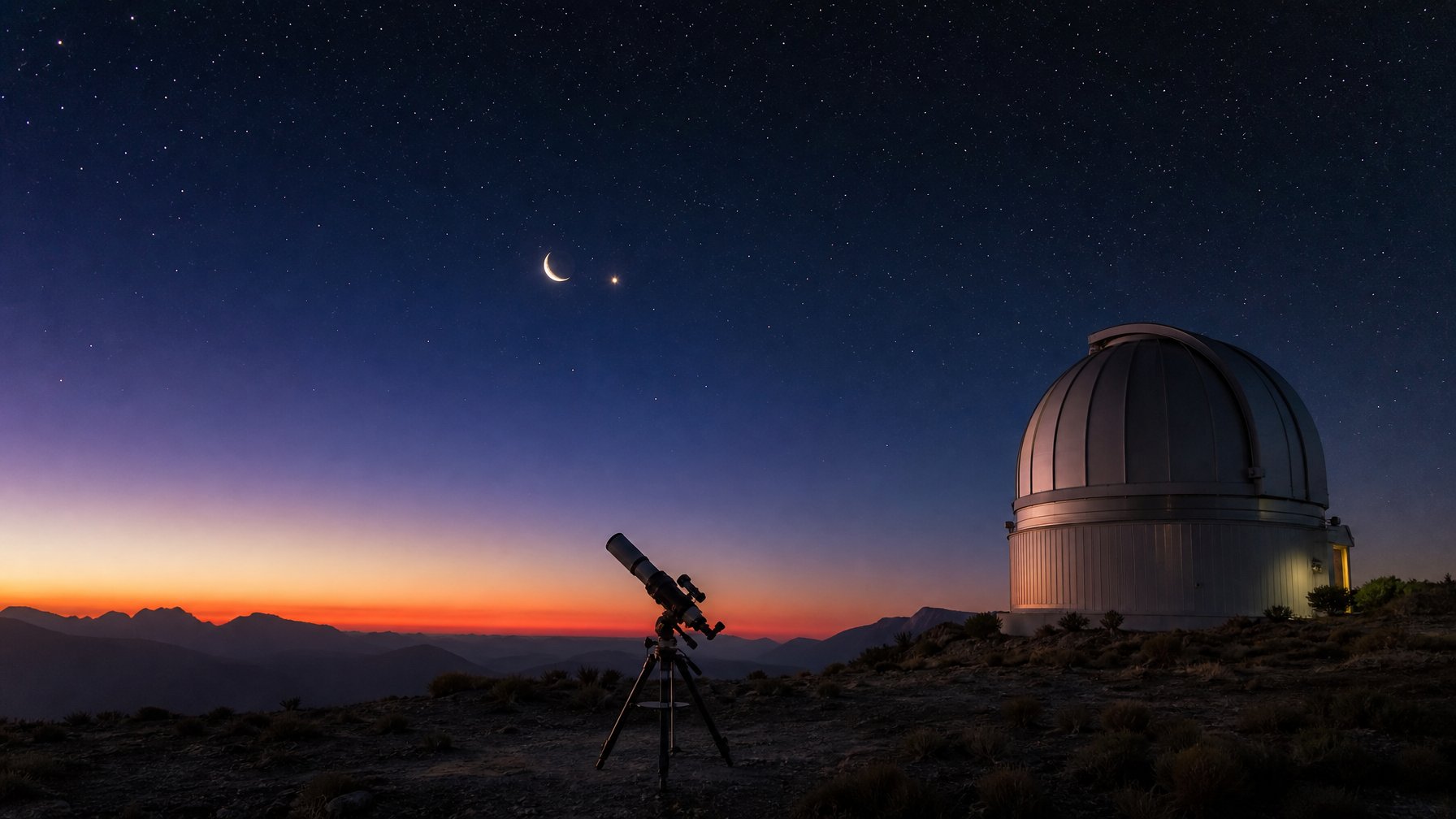 Bulan sabit dan planet Saturnus tampak berdekatan di langit fajar di atas siluet observatorium dan teleskop.