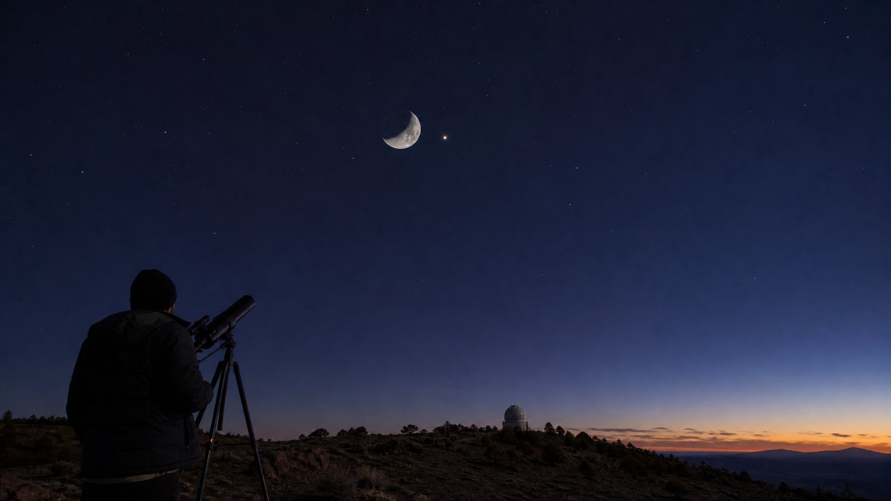 Bulan tampak berdekatan dengan Saturnus di langit senja di atas siluet pengamat yang menggunakan teleskop.