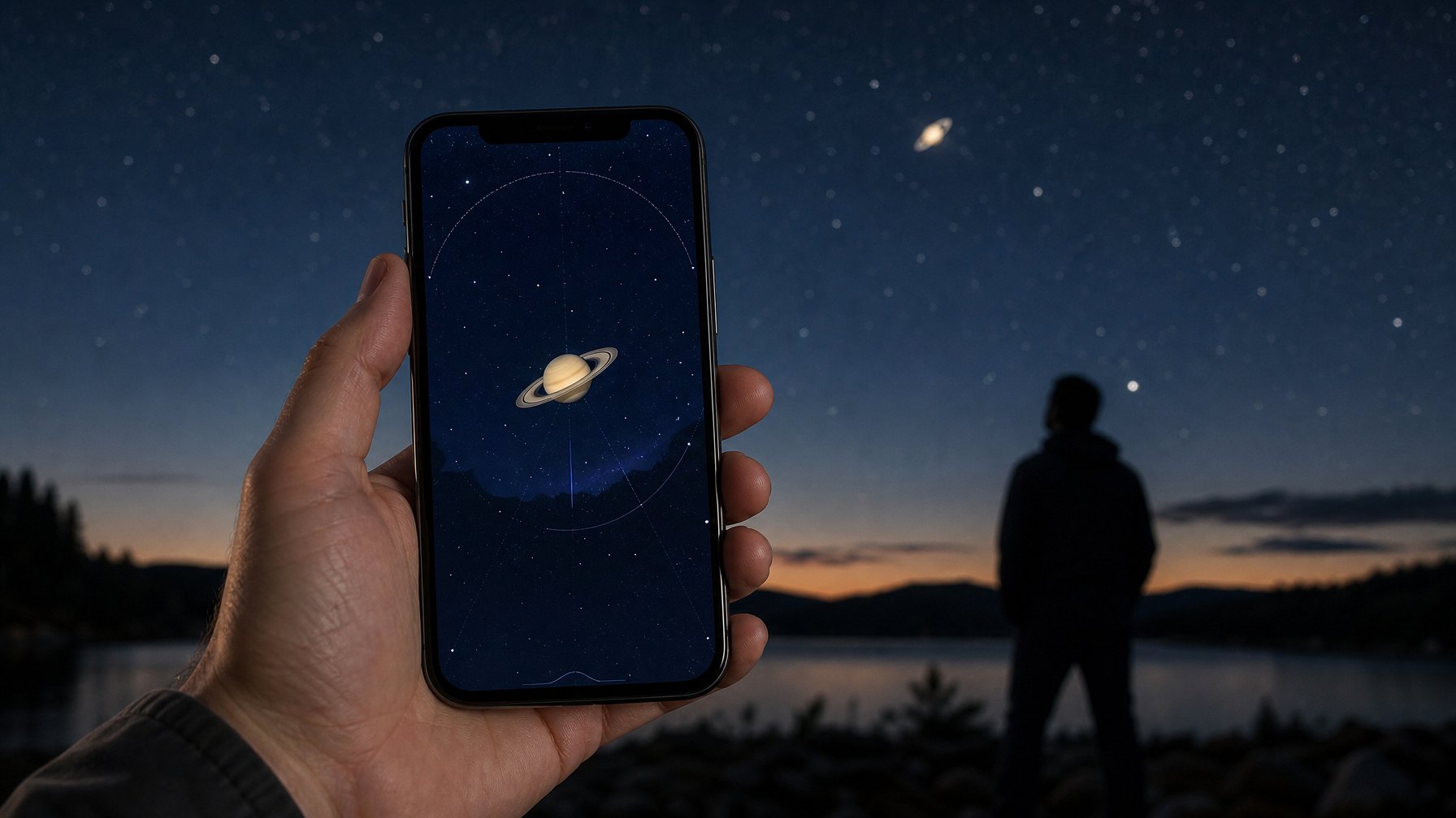 Seseorang memegang ponsel untuk mengamati planet Saturnus di langit malam berbintang.