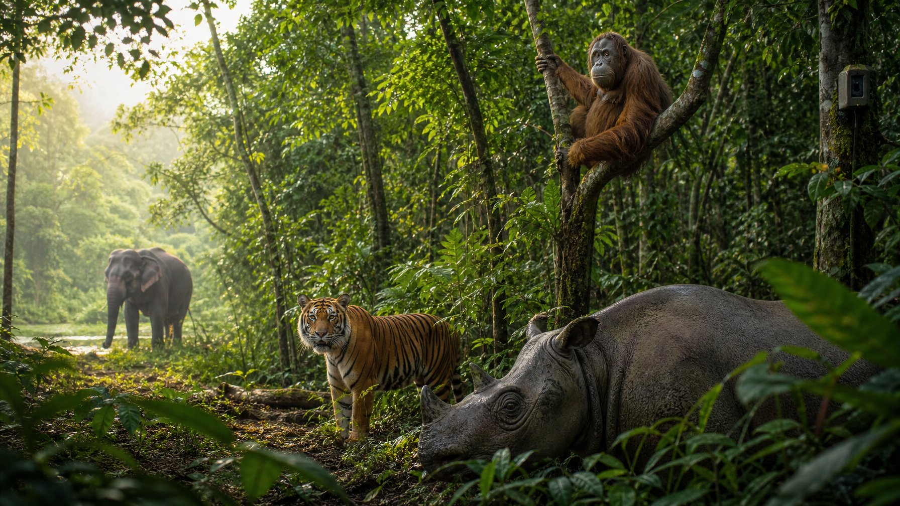 Badak Jawa, harimau Sumatra, orangutan, dan gajah Sumatra berada di hutan hujan tropis Indonesia.