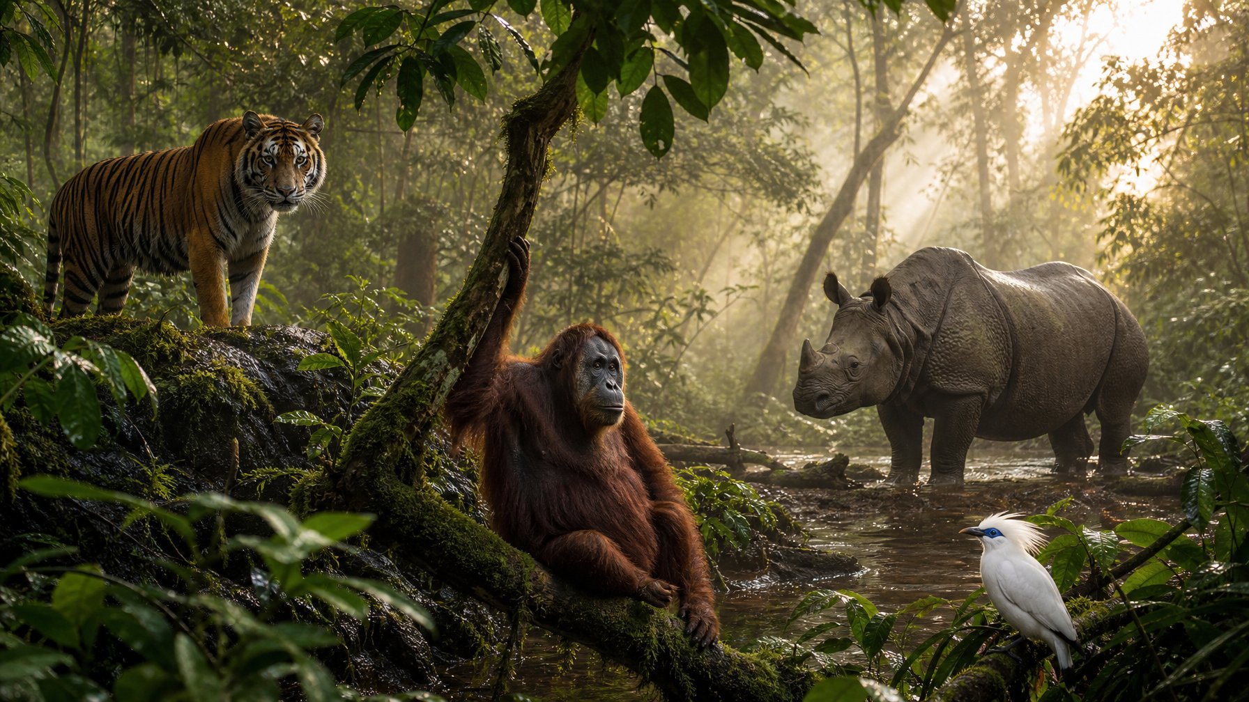 Harimau Sumatra, badak Jawa, orangutan Sumatra, dan jalak Bali berada di hutan tropis Indonesia.
