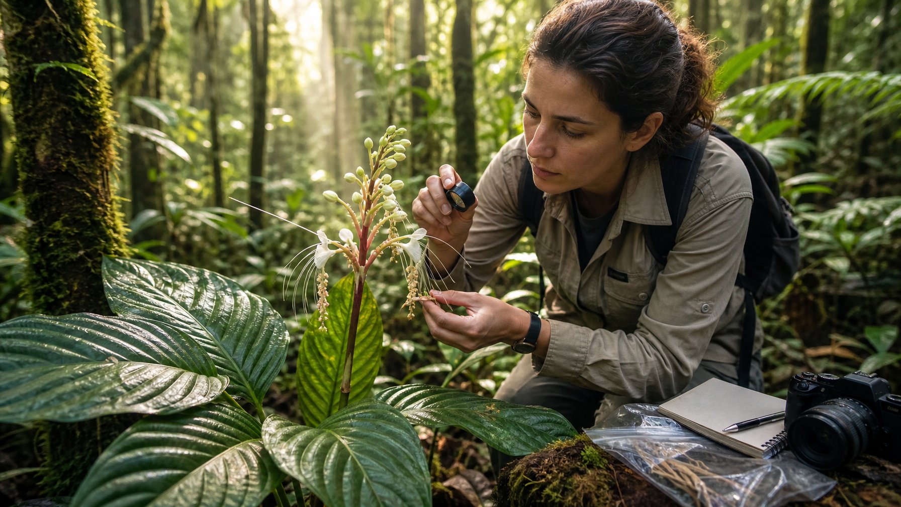 Seorang ahli botani mengamati tumbuhan langka di tengah hutan tropis yang rimbun.