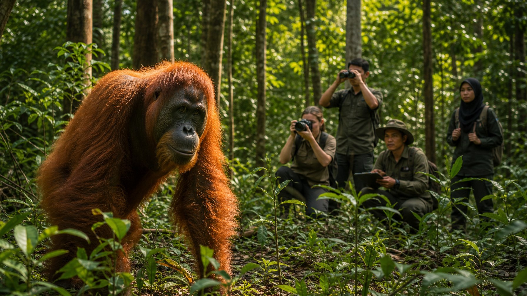 Orangutan sehat berada di hutan tropis yang dilindungi sementara peneliti dan penjaga hutan memantau dari kejauhan.