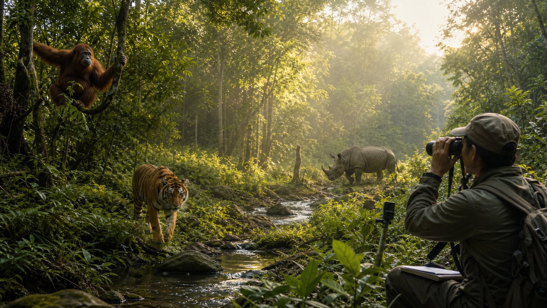 Konservasionis mengamati orangutan, harimau Sumatra, dan badak Jawa di hutan tropis yang terlindungi.