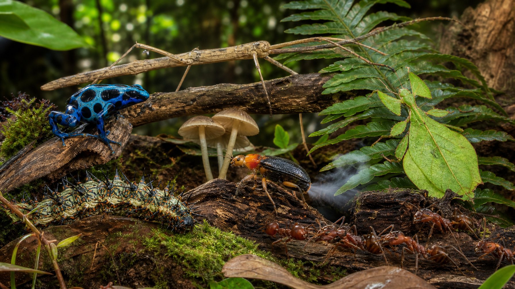 Berbagai serangga hutan menampilkan mekanisme pertahanan diri di antara daun, ranting, lumut, dan tumbuhan bawah.