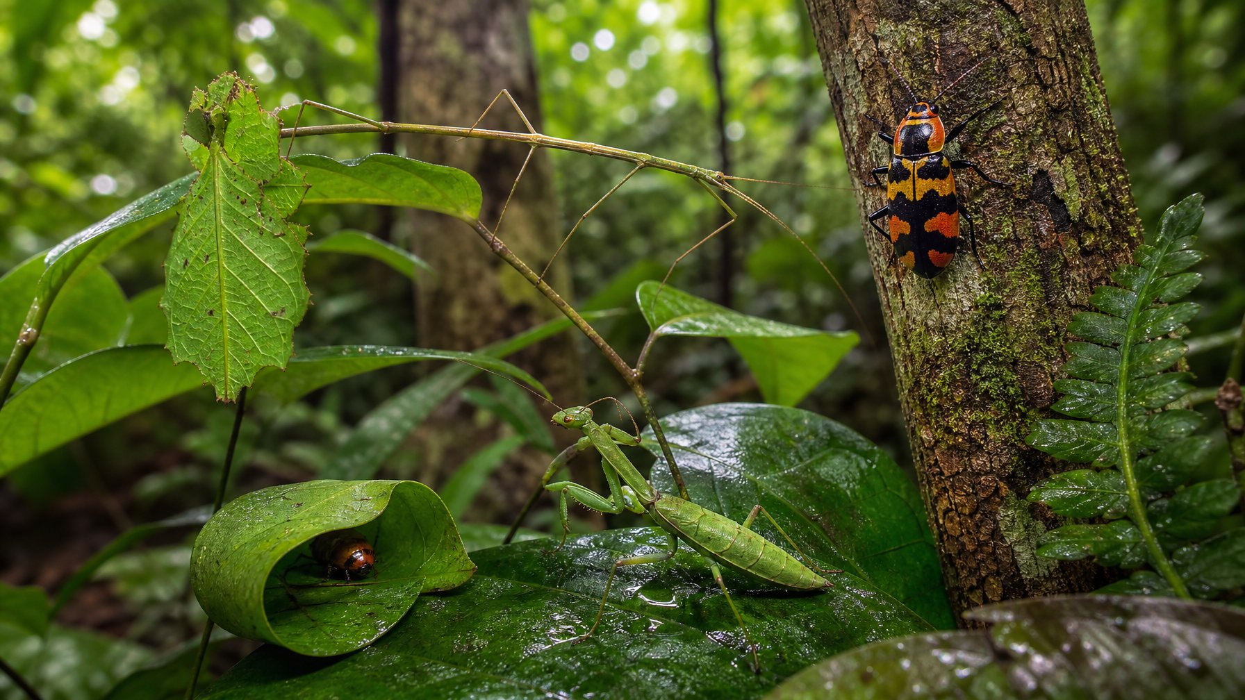 Beragam serangga hutan menggunakan kamuflase, warna peringatan, dan persembunyian di antara daun, ranting, serta kulit pohon.