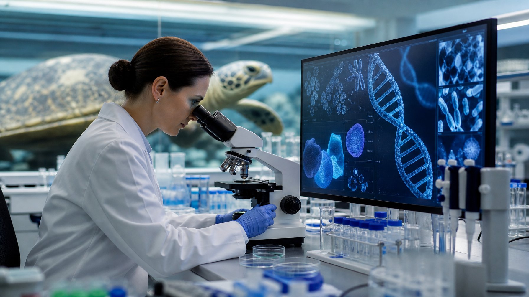 Peneliti memeriksa sampel genetik di laboratorium dengan gambar DNA dan hewan berumur panjang di latar belakang.