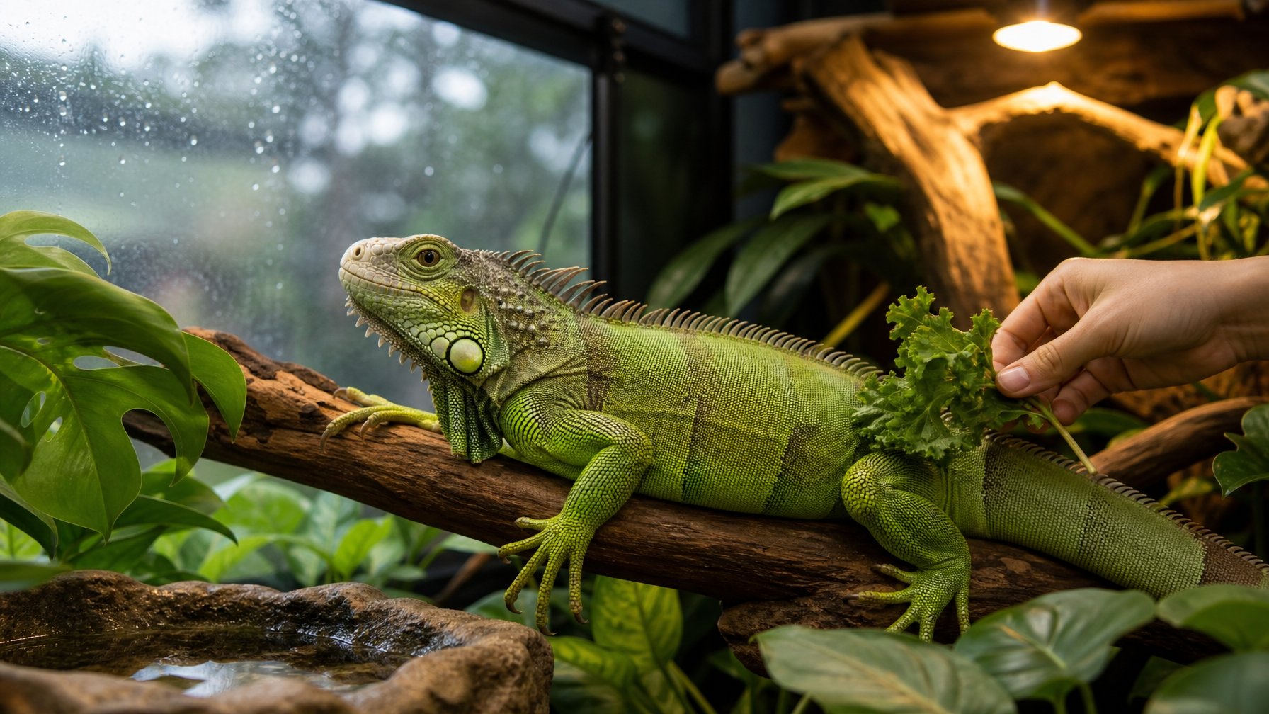 Iguana hijau dewasa tampak tenang di dalam terarium alami dengan tanaman, dahan, tempat berlindung, dan makanan hijau saat hujan turun di luar.