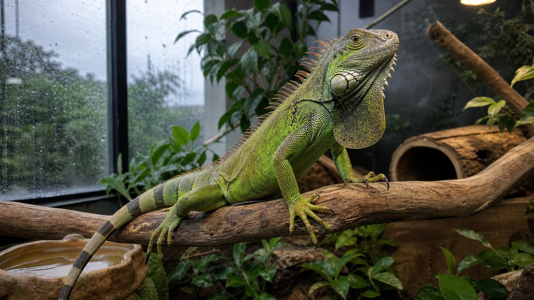Iguana hijau dewasa tampak waspada di habitat dalam ruangan yang lembap dekat jendela bercurah hujan.