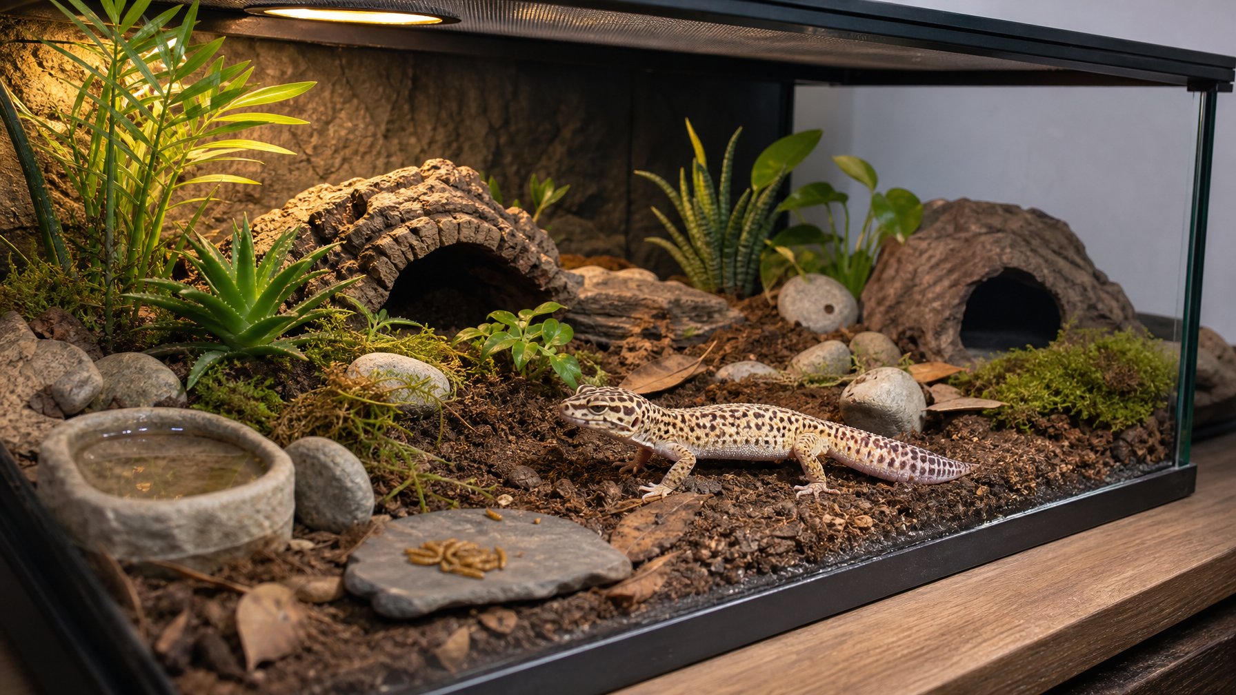 Tokek leopard berada di dalam kandang bioaktif dengan substrat alami, tanaman kecil, tempat persembunyian, dan mangkuk air.
