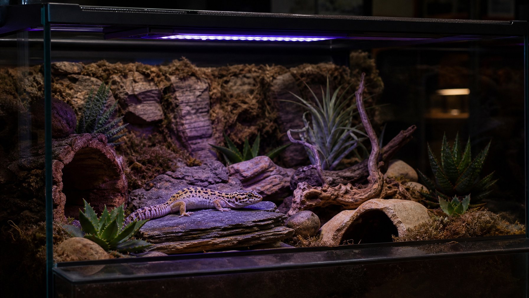 Seekor tokek nokturnal berada di terarium alami dengan lampu UVB LED yang menyala lembut di atasnya.