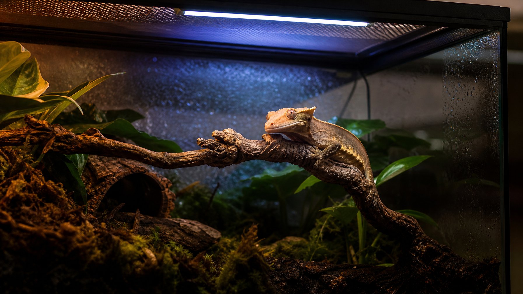 Cicak nokturnal bertengger di dalam terarium dengan lampu UVB LED terpasang aman di atasnya.