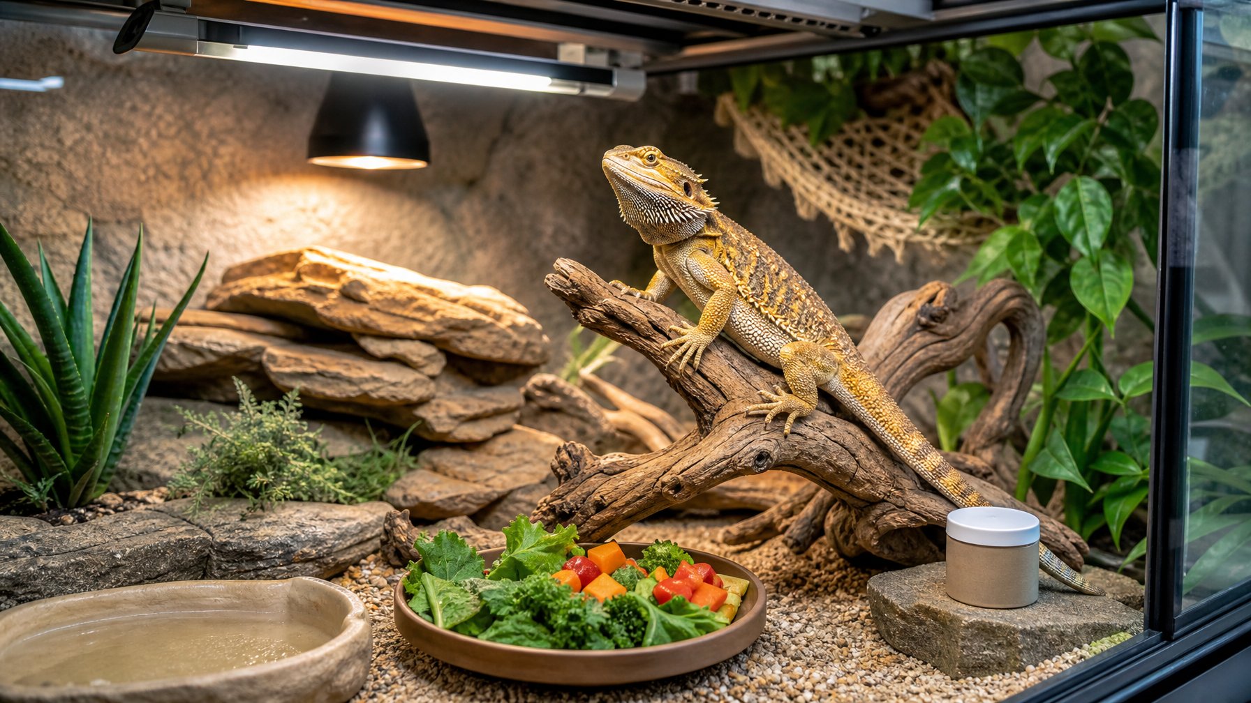Seekor bearded dragon sehat berada di terarium bersih dengan lampu UVB, area berjemur, alat pengukur suhu, sayuran hijau, dan wadah kalsium.