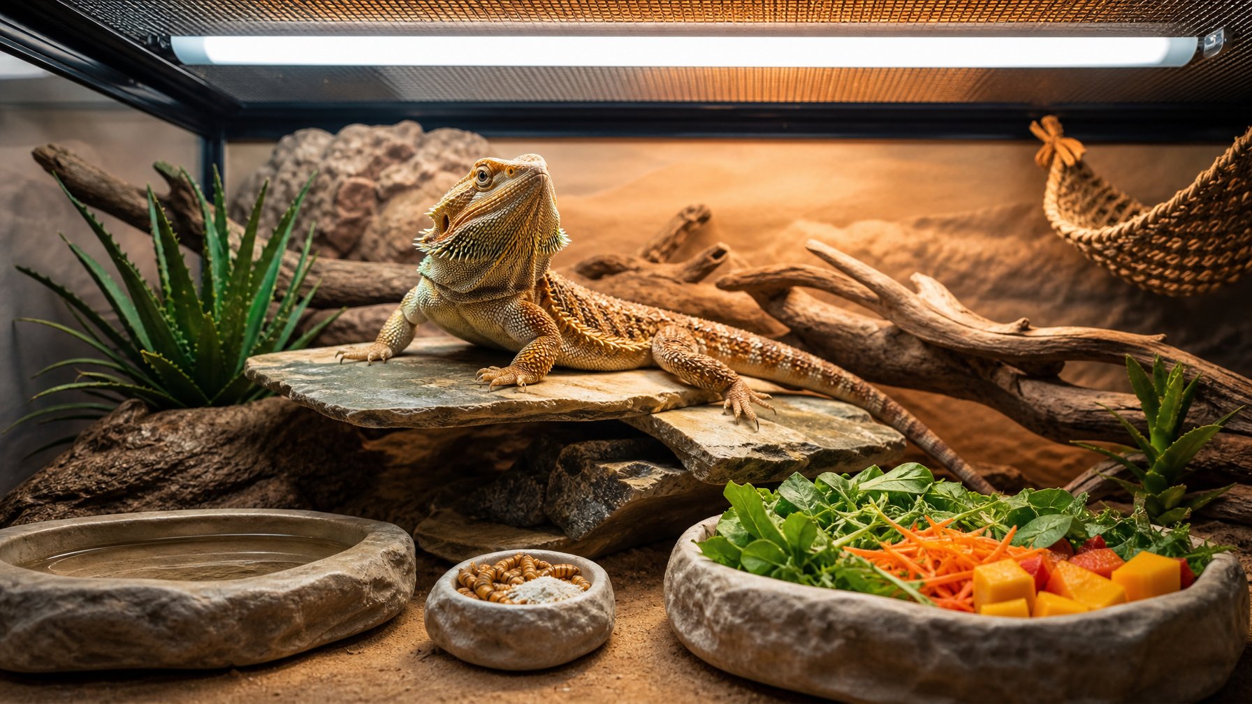 Seekor bearded dragon sehat berada di terarium dengan lampu UVB, area berjemur, sayuran segar, dan suplemen kalsium.